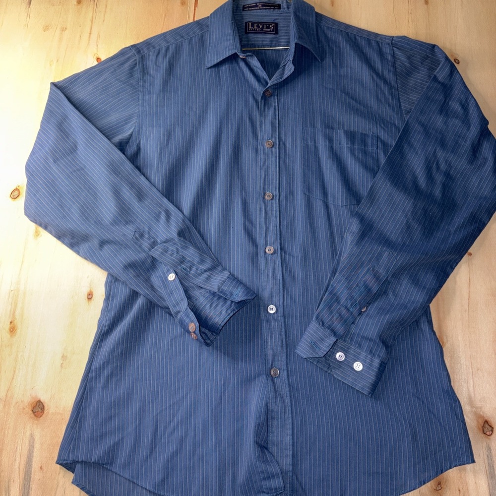 Vintage Levis Shirt Men's M Blue Striped Long Slv Button Down Western Cowboy 80s